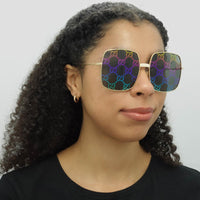 Gucci Sunglasses GG0414S 003 Gold Grey with Multicolour Gradient Mirror