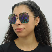 Gucci Sunglasses GG0414S 003 Gold Grey with Multicolour Gradient Mirror