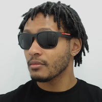 Prada Sport Sunglasses Mens PS01US DG05S0 - Rectangle Black Rubber Frame - Grey Lens