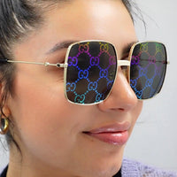 Gucci Sunglasses GG0414S 003 Gold Grey with Multicolour Gradient Mirror