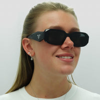 Prada Symbole Sunglasses - Women Luxury Rectangle PR17WS 1AB5S0 - Black Frame - Dark Grey Lens