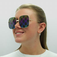 Gucci Sunglasses GG0414S 003 Gold Grey with Multicolour Gradient Mirror