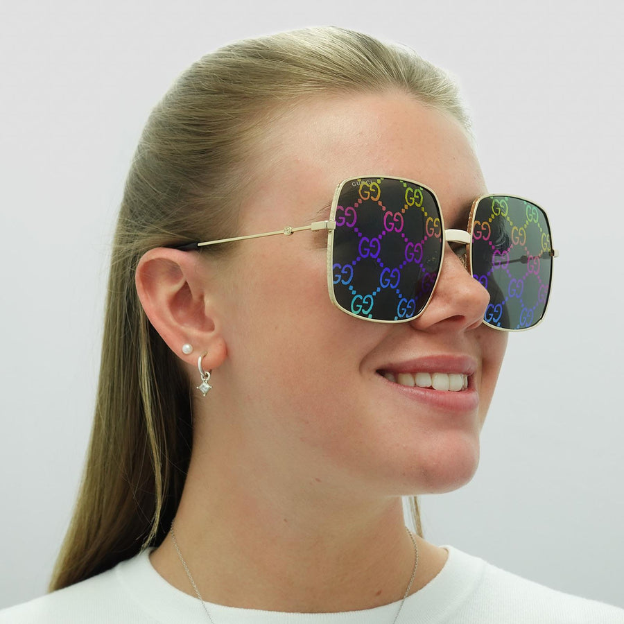 Gucci Sunglasses GG0414S 003 Gold Grey with Multicolour Gradient Mirror