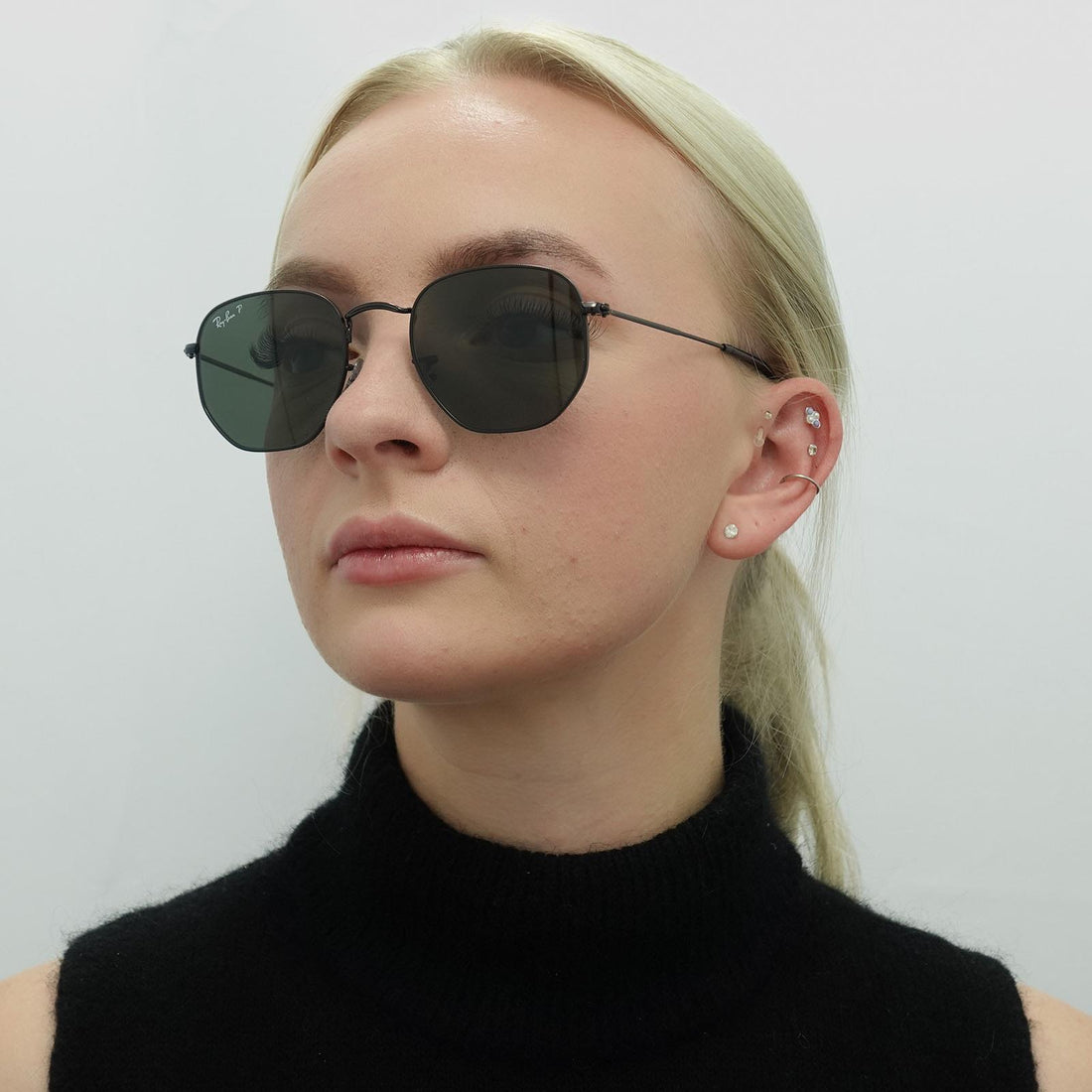 Ray-Ban Sunglasses Hexagonal RB3548N 002/58 Polished Black Green Polarized