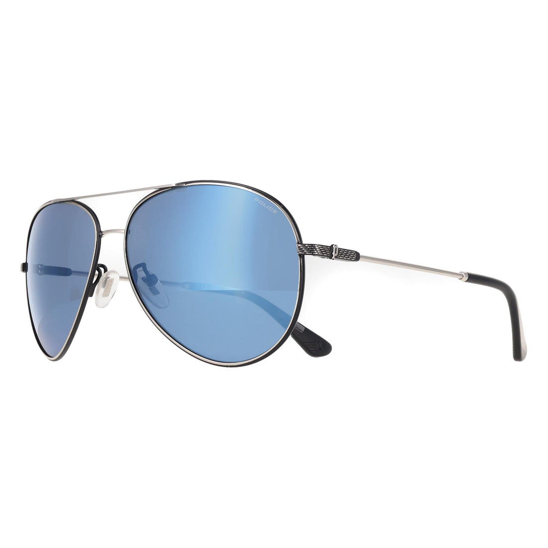 Police Sunglasses SPLL11 Octane 8 K07B Shiny Palladium with Semi-Shiny Black Blue Mirror