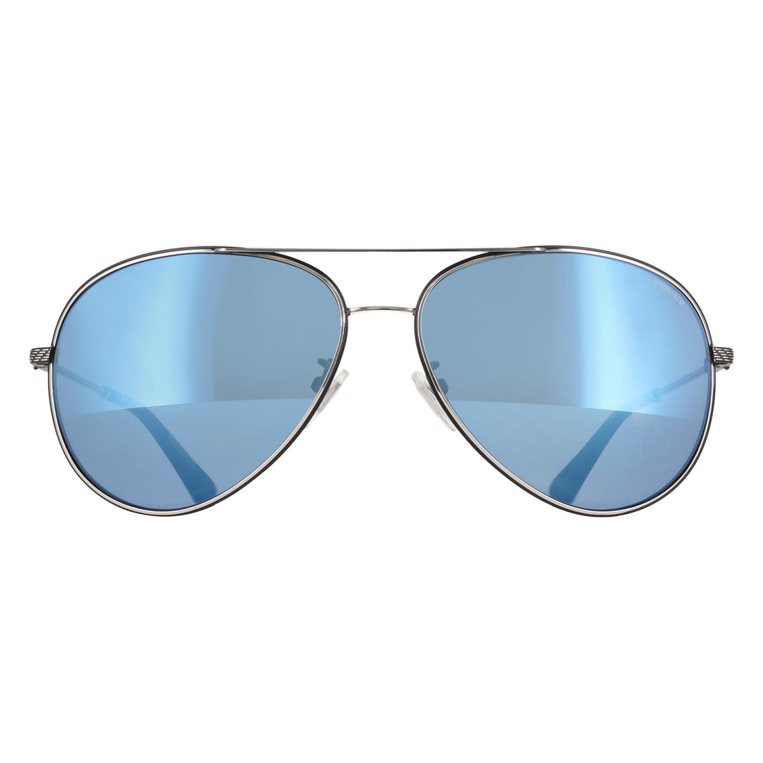 Police Sunglasses SPLL11 Octane 8 K07B Shiny Palladium with Semi-Shiny Black Blue Mirror