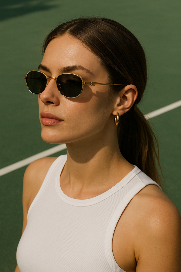 Woman wearing sunglasses and a white tank top on a green background