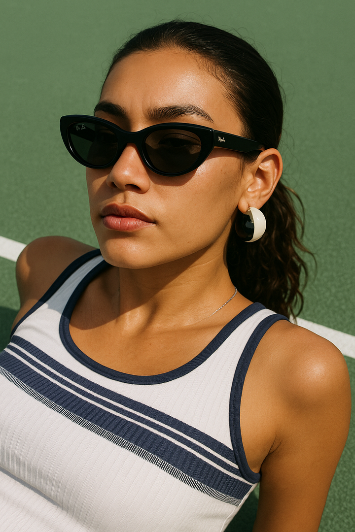 Woman wearing black sunglasses and a white tank top with blue trim against a green background