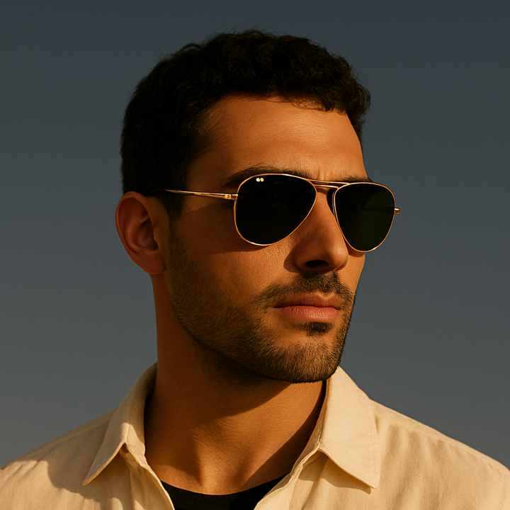 Man wearing sunglasses with a neutral background