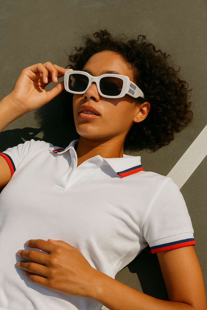 Woman wearing a white polo shirt with red and blue accents, holding sunglasses.