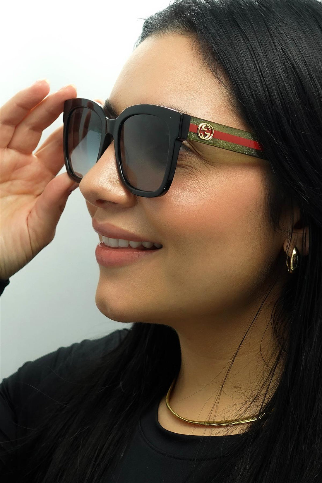 Gucci Sunglasses GG0034SN 002 Black With Green and Red Glitter Grey Gradient