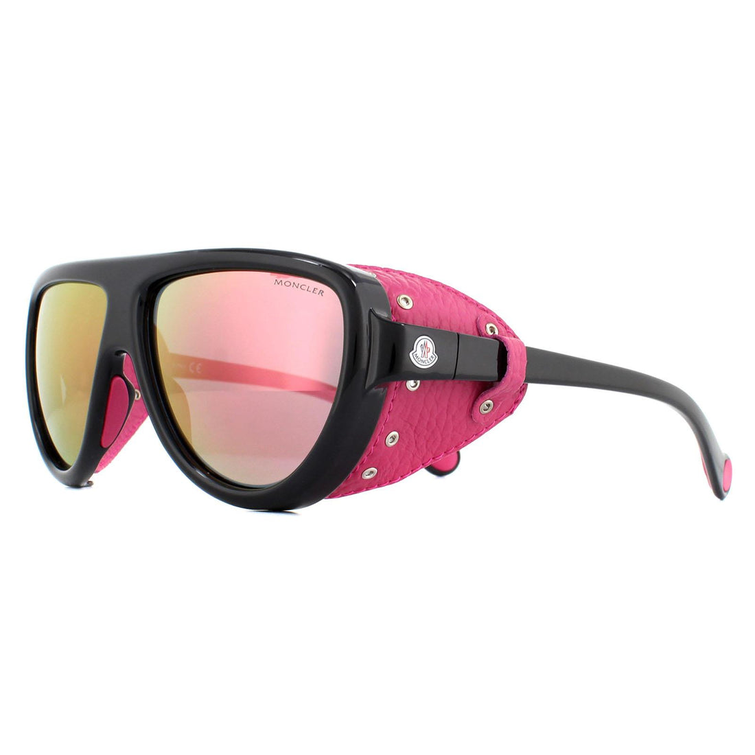 Moncler Sunglasses ML0089 01Z Shiny Black with Pink Leather Blue with Pink Mirror