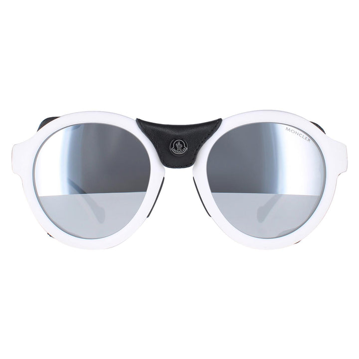 Moncler Sunglasses ML0046 21C White Black Leather Grey Silver Mirror